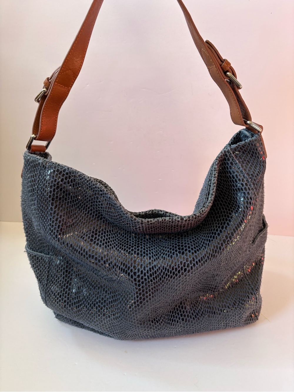 Sorial Embossed Shoulder Tote Handbag Blue Snake Leather Slouchy Career Academia